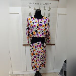 Vintage Oleg Cassini 100% Silk Floral Dot Midi Dress Beaded Fringe 12